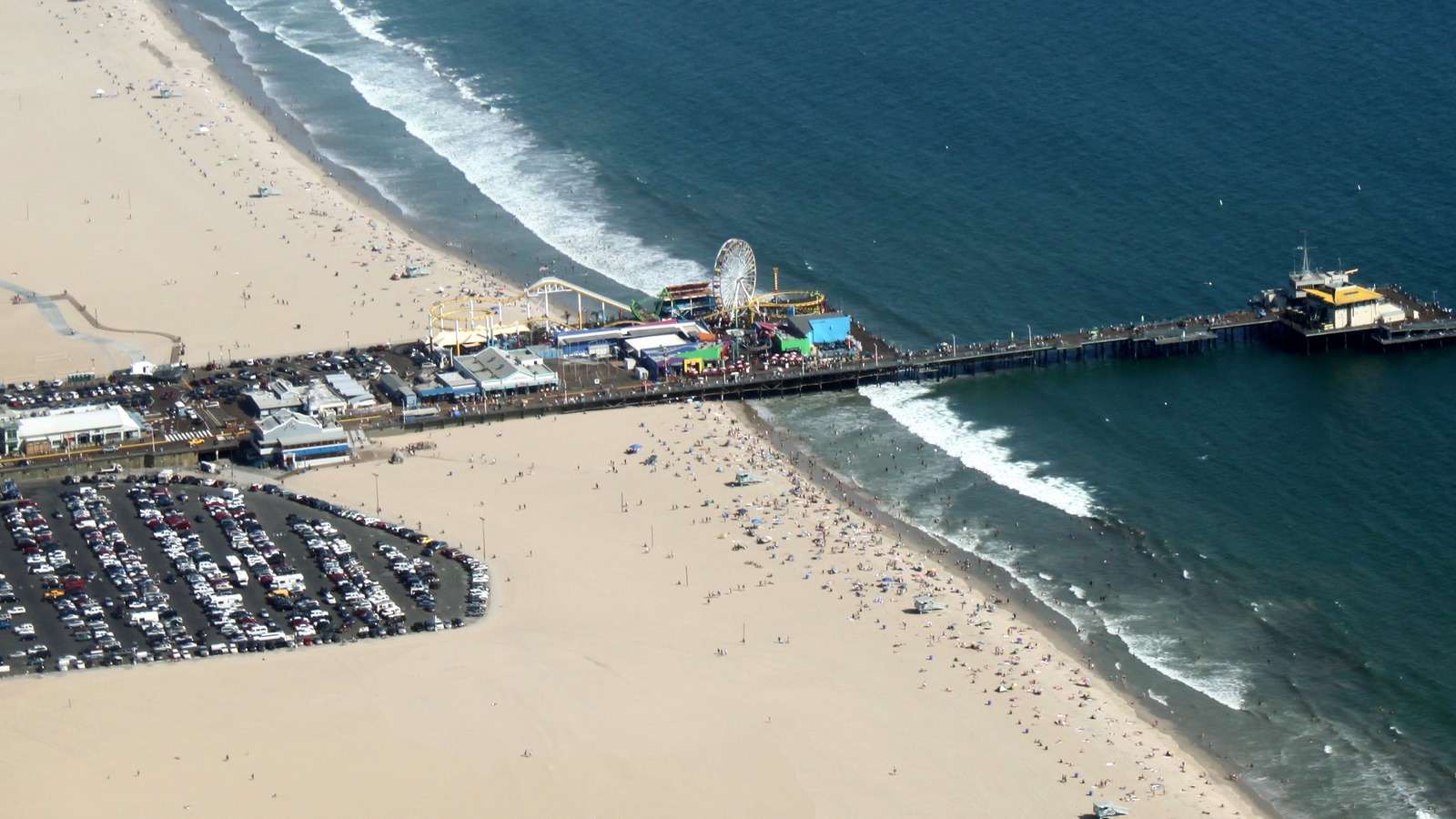 Aerial view of Santa Monica Pier, beach and coastline