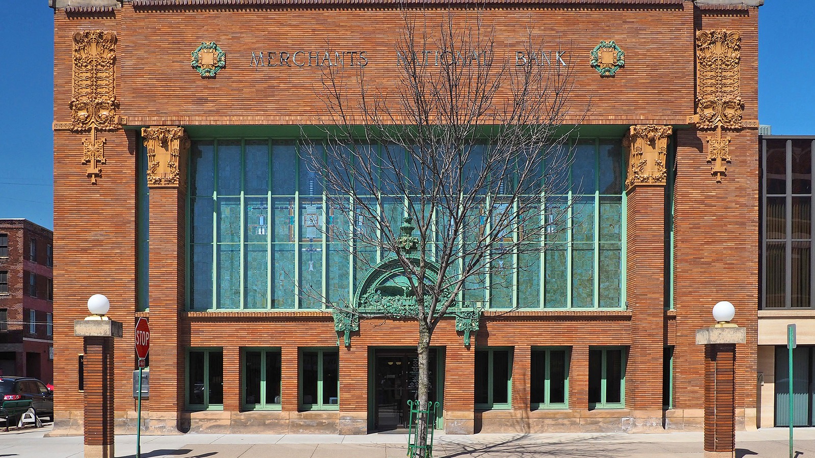 Prairie School exterior of Merchants National Bank in downtown Winona