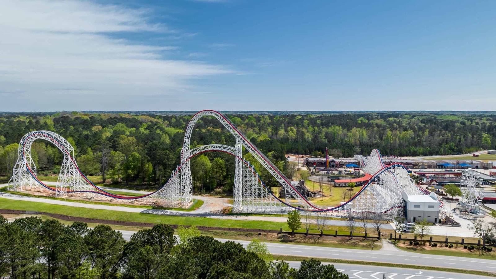 Aerial view of the ArieForce One roller coaster at Fun Spot America Atlanta