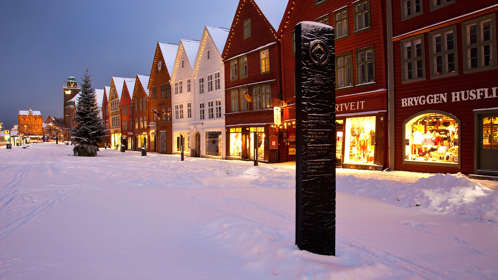 Bright daytime view of Bryggen, the colorful Hanseatic wharf in Bergen, Norway