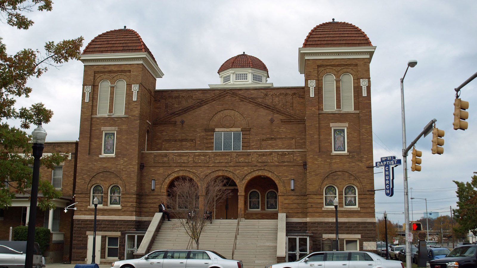 The twin brick towers and central dome of the Sixteenth Street Baptist Church in Birmingham