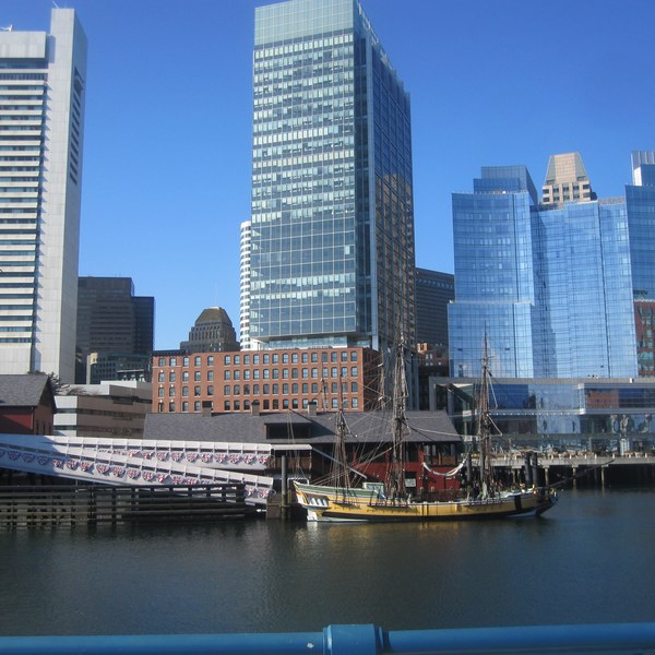 Tea Wharf and a historic ship at the Boston Tea Party Ships and Museum