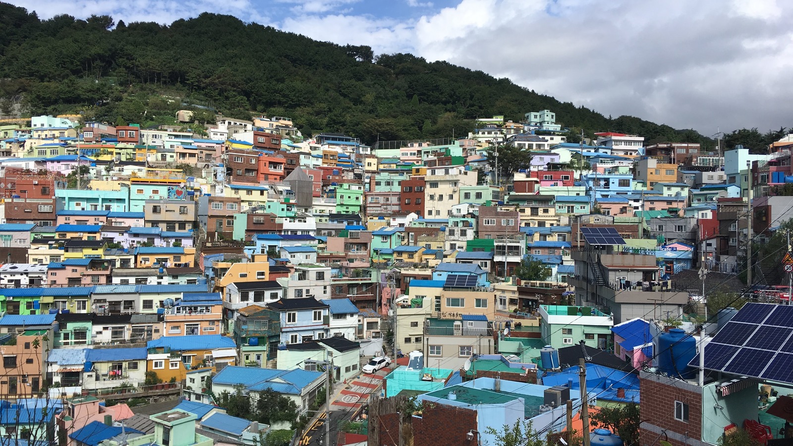 Daylight view over the colorful hillside houses of Gamcheon Culture Village in Busan