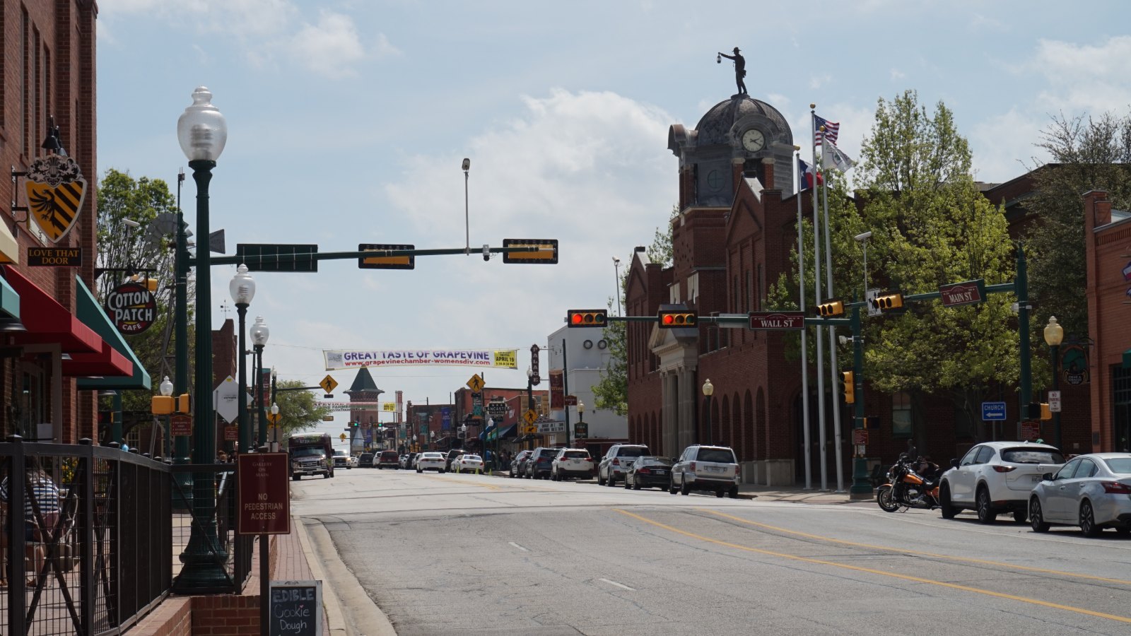 Historic Main Street in Grapevine, Texas, looking toward the historic water tower clock