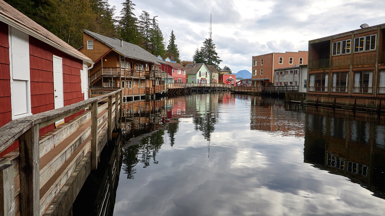 The historic Creek Street boardwalk over Ketchikan Creek in Alaska
