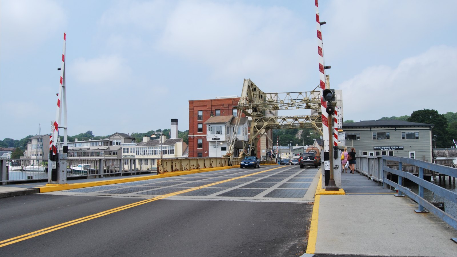 The Mystic River Bascule Bridge carrying US Route 1 across the river in downtown Mystic, Connecticut