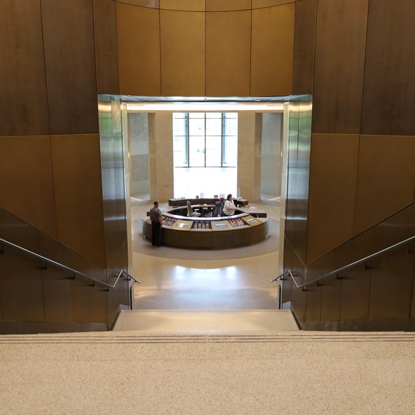 The spacious lobby and circular information desk inside the Tennessee State Museum