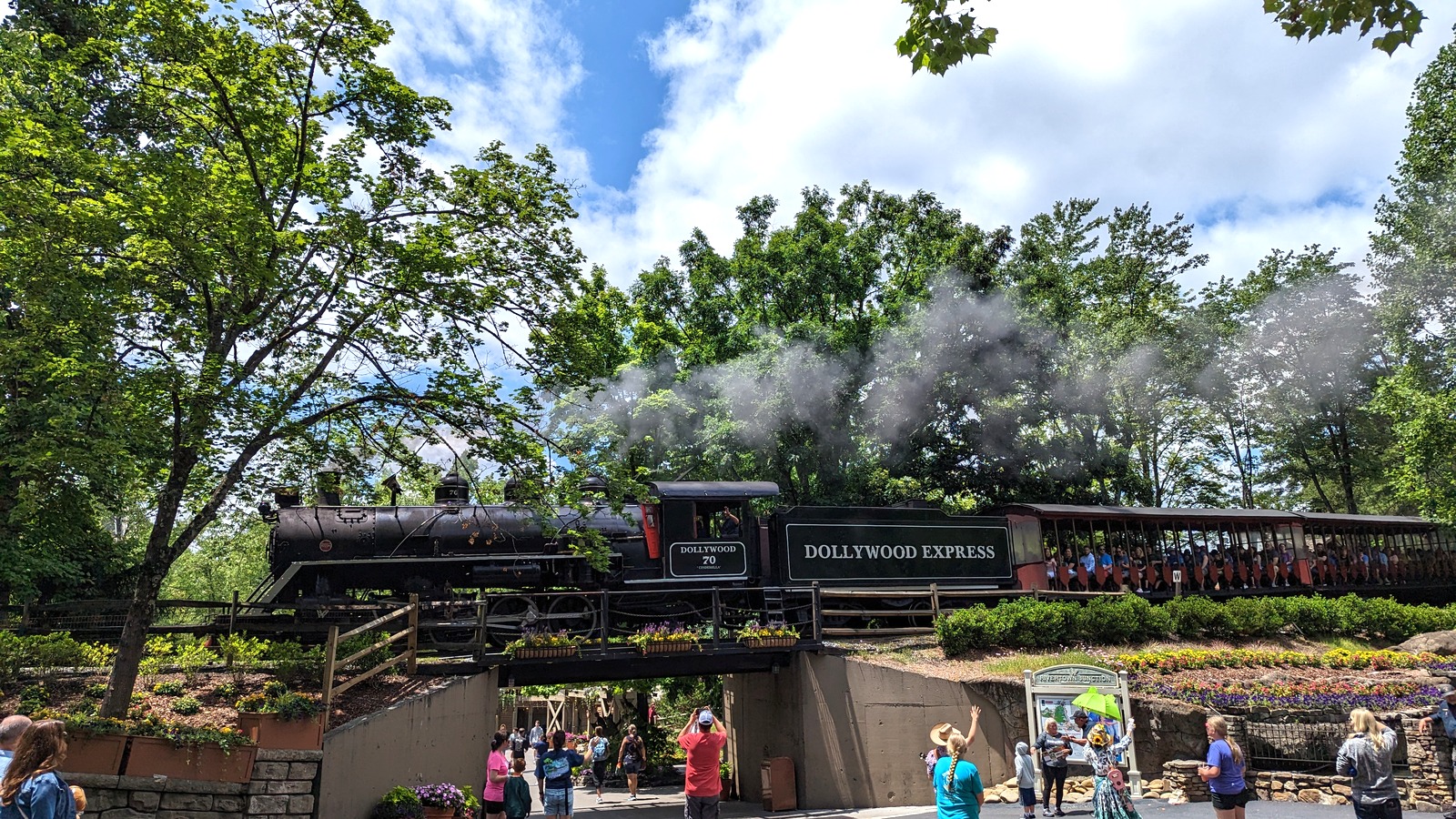 Dollywood Express steam locomotive number 70 crossing above the park entrance in Pigeon Forge