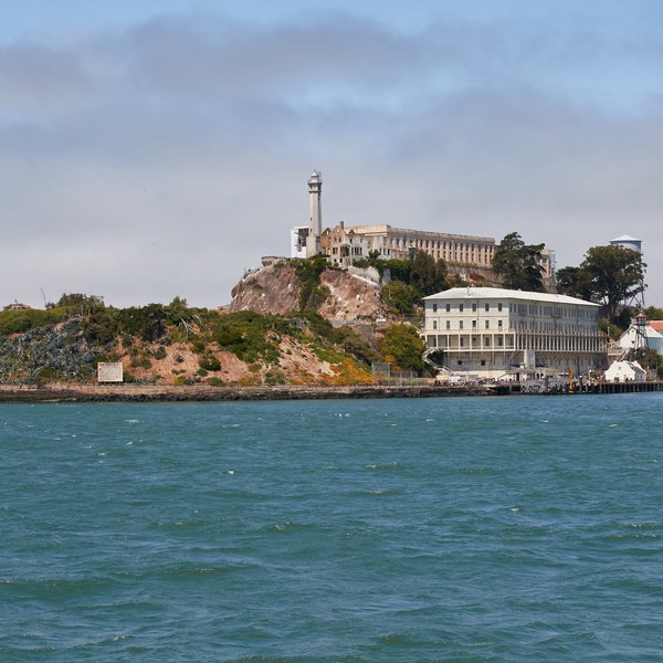 Alcatraz Island and its former prison buildings seen across San Francisco Bay
