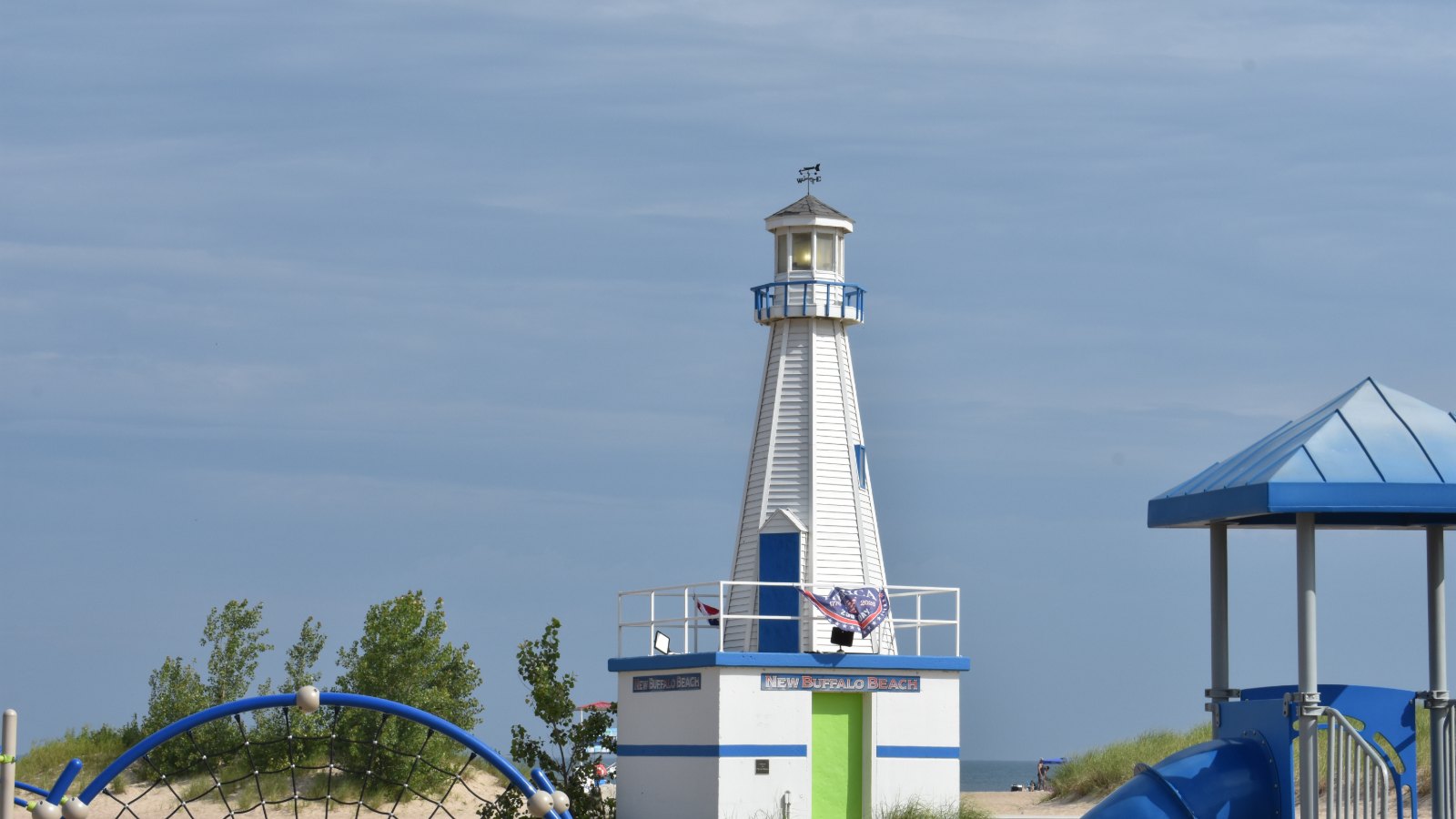 The lighthouse style landmark on the New Buffalo public beach on Lake Michigan