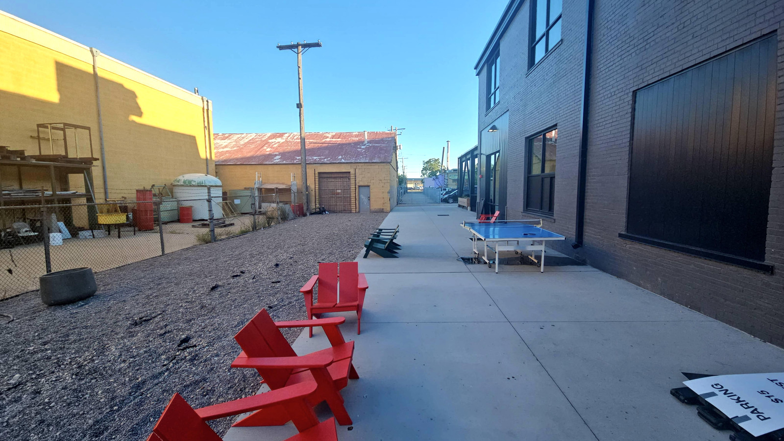 Outdoor activity area beside Woodbine Food Hall in Salt Lake City