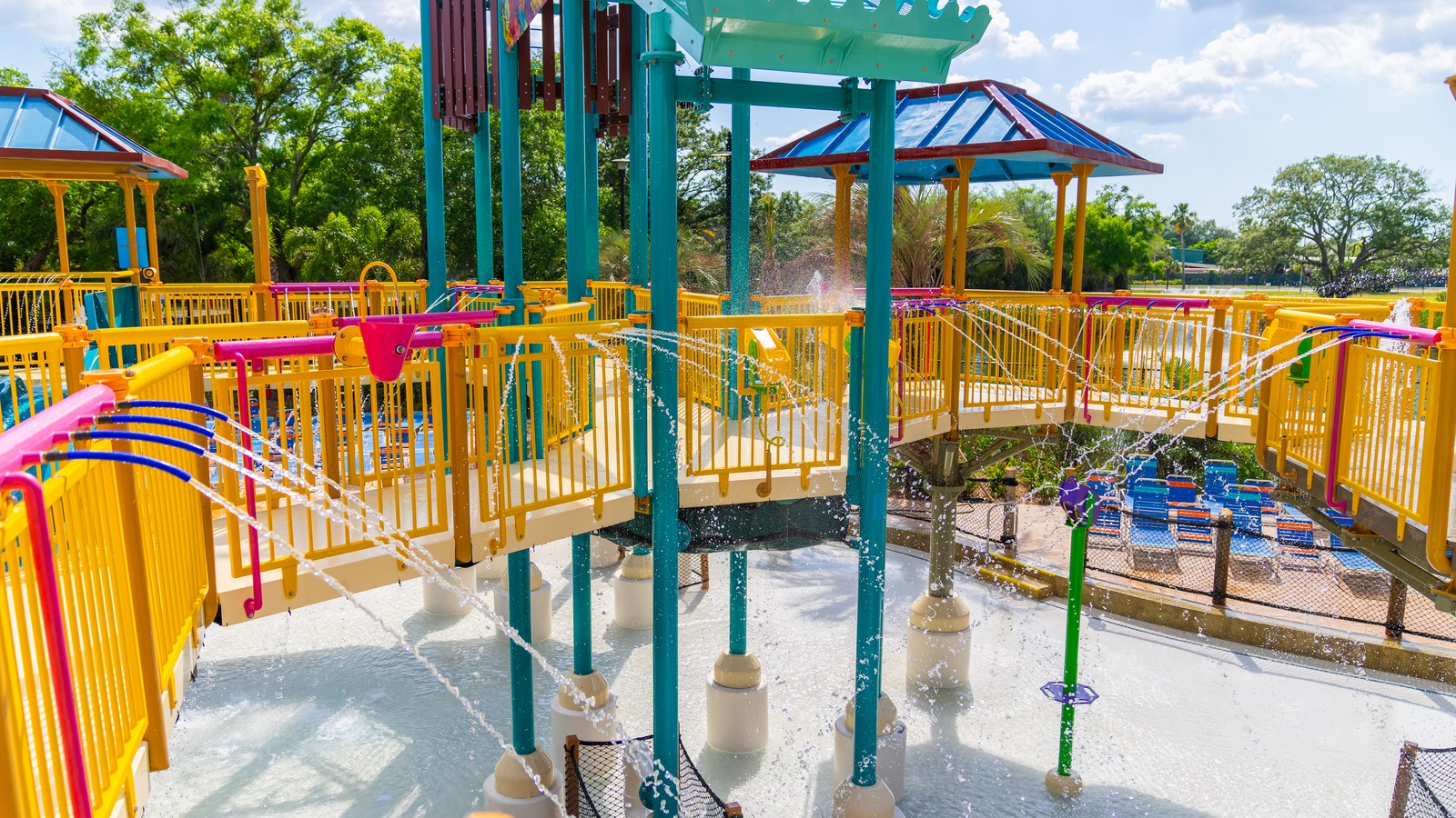Elevated walkways and water jets in a separate part of Castaway Falls at Adventure Island