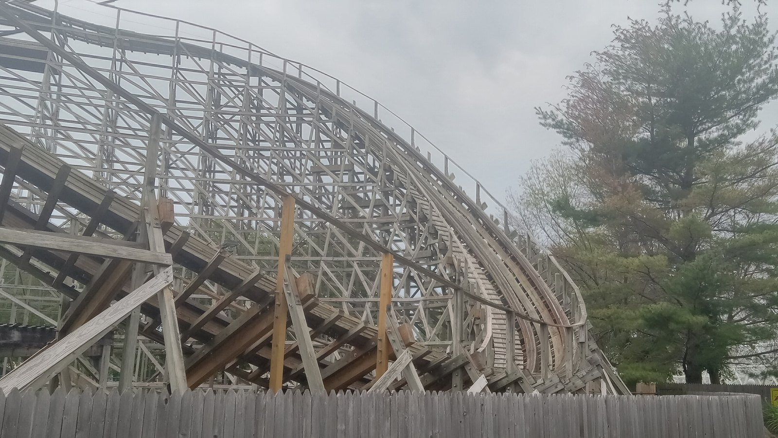 Outlaw wooden roller coaster track and timber supports at Adventureland Iowa