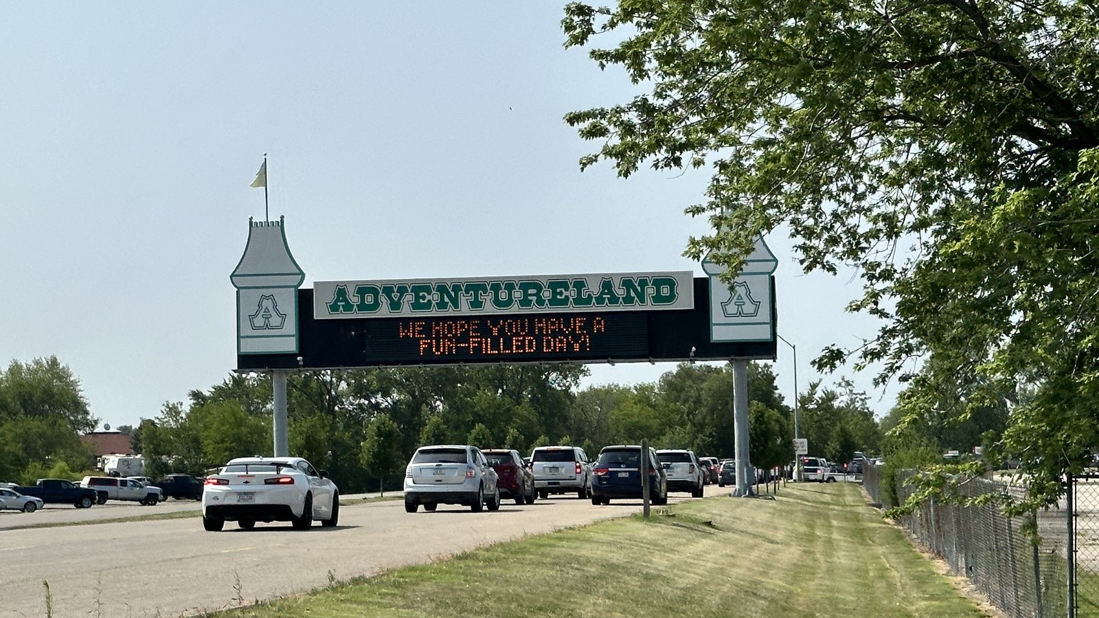 Adventureland entrance sign above the vehicle approach in Altoona Iowa