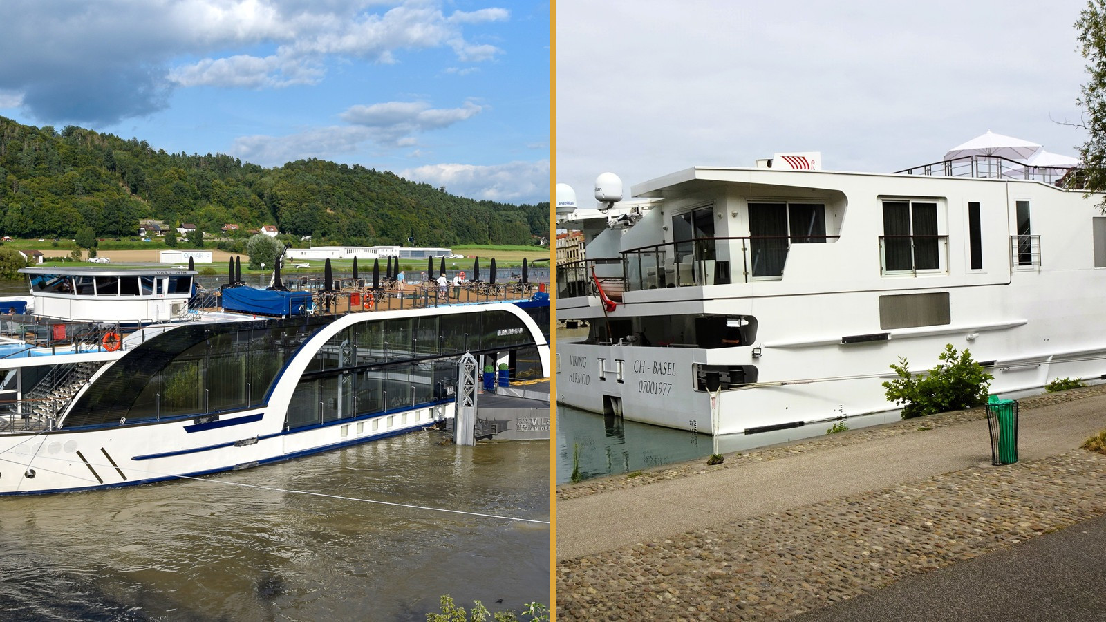 AmaWaterways AmaMagna river ship on the Danube beside Viking Hermod river ship docked on the Rhone in Lyon