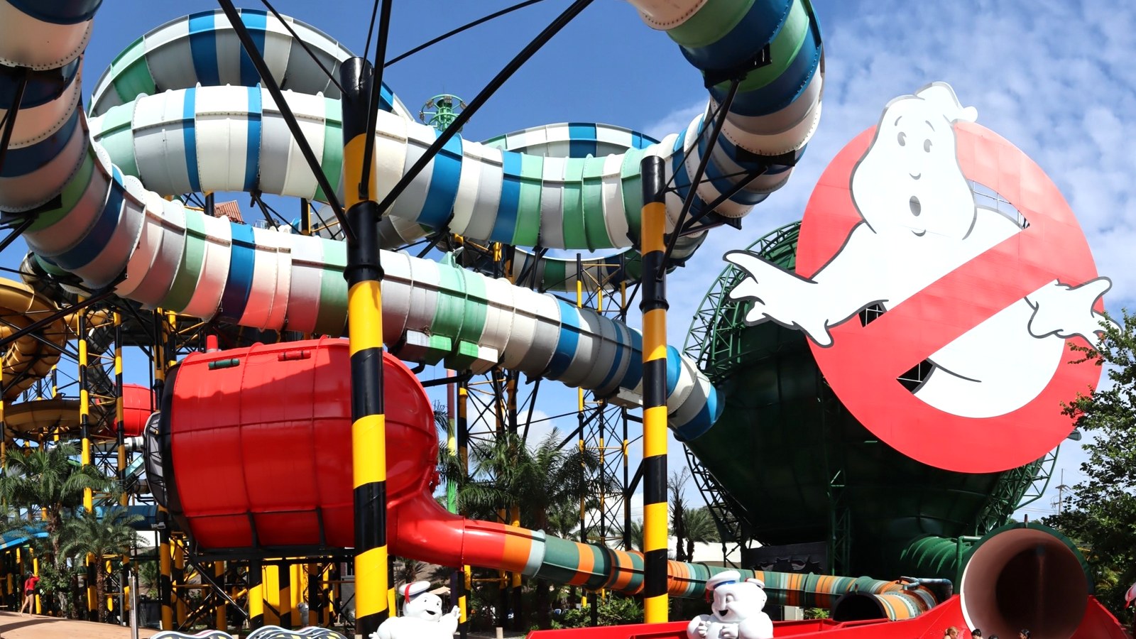 Ghostbusters logo and enclosed slide tubes at Columbia Pictures Aquaverse