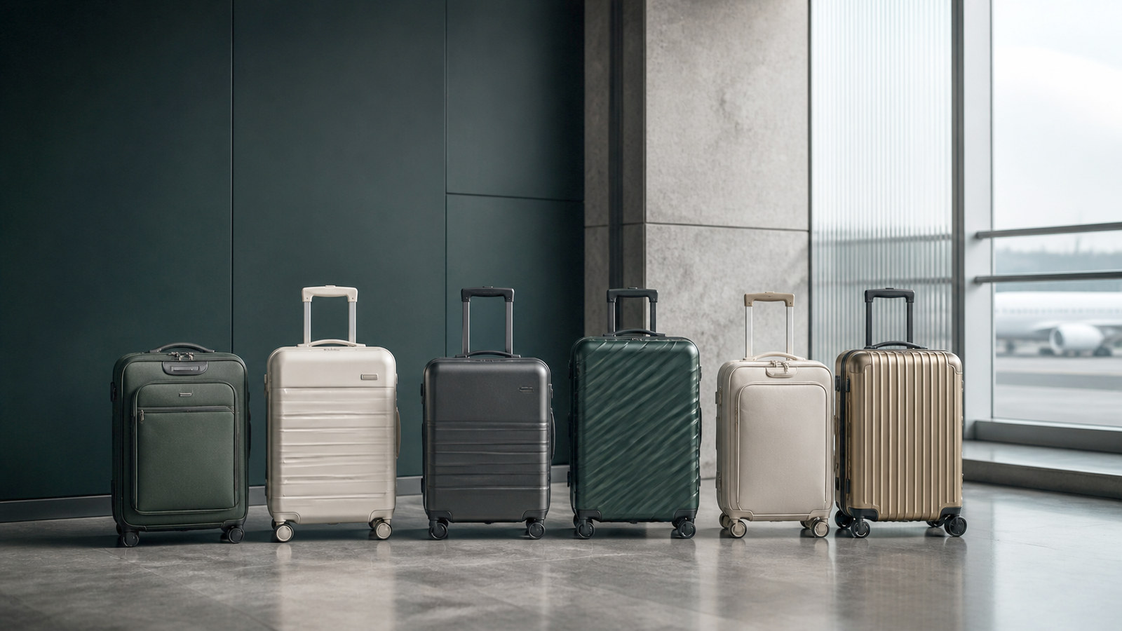 Unbranded hard-side, soft-side, and premium suitcases arranged for a luggage brand comparison