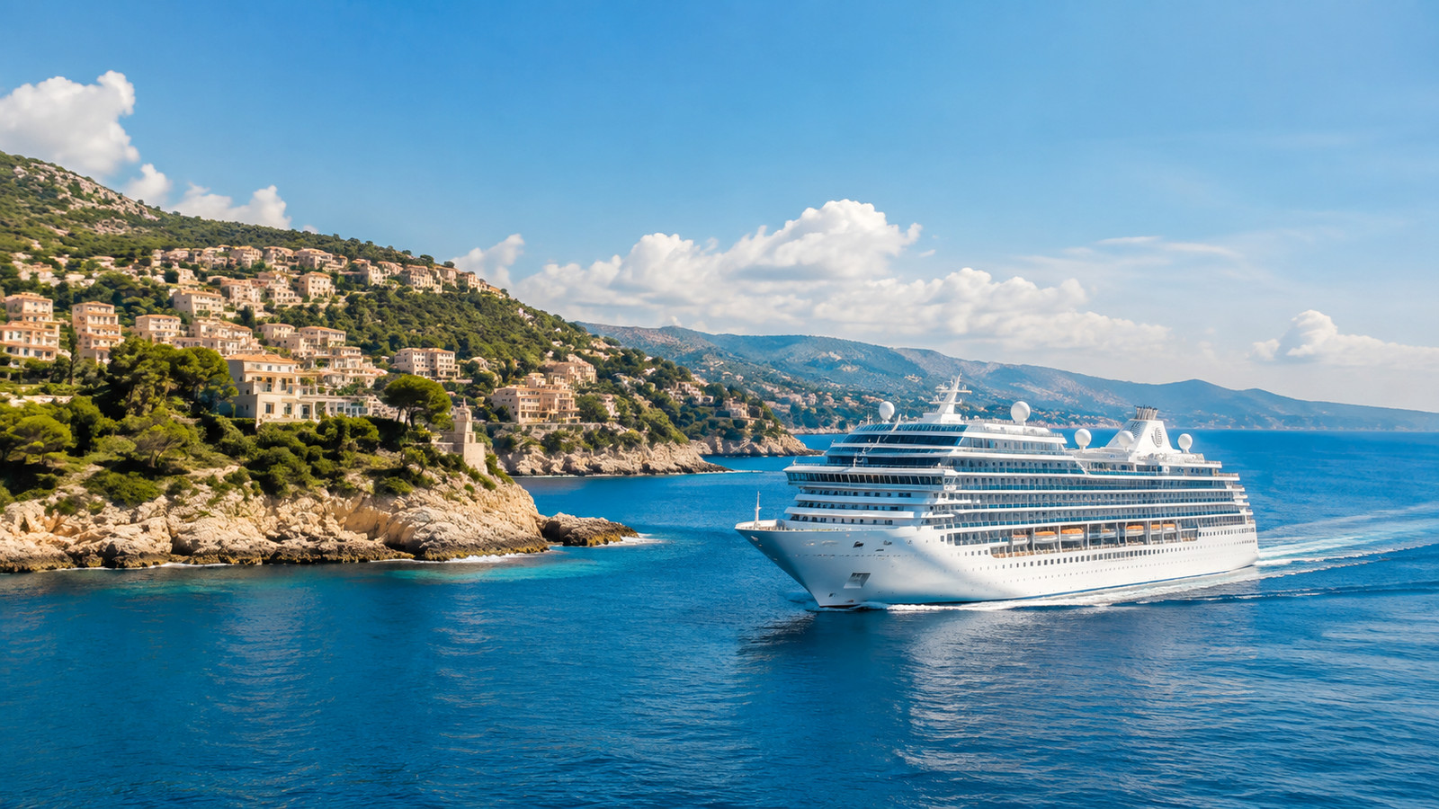 Representative Mediterranean cruise ship beside a sunlit limestone coast