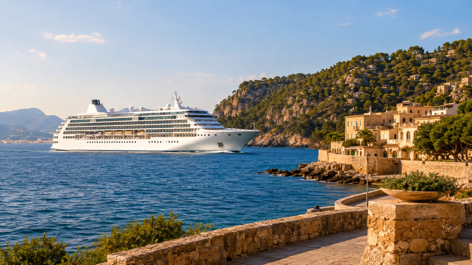 Representative Mediterranean cruise ship passing a warm coastal harbor