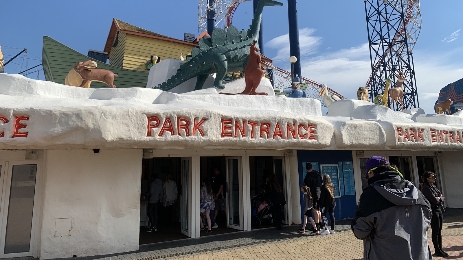 Pleasure Beach entrance facade and coaster structures in Blackpool