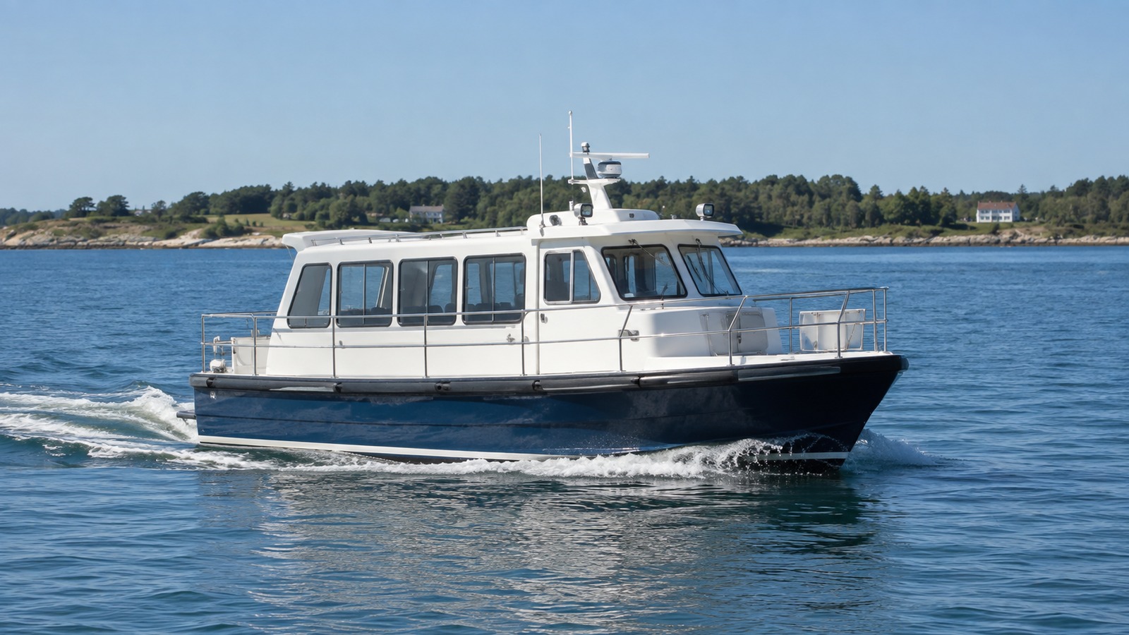 An unbranded small passenger tender boat underway in calm coastal water