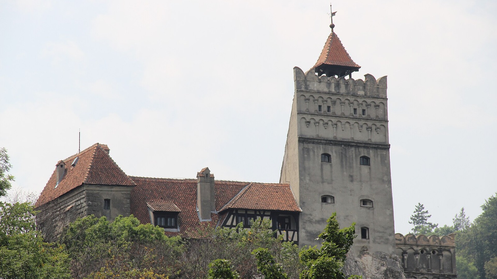 Bran Castle roofline and tower seen above the trees