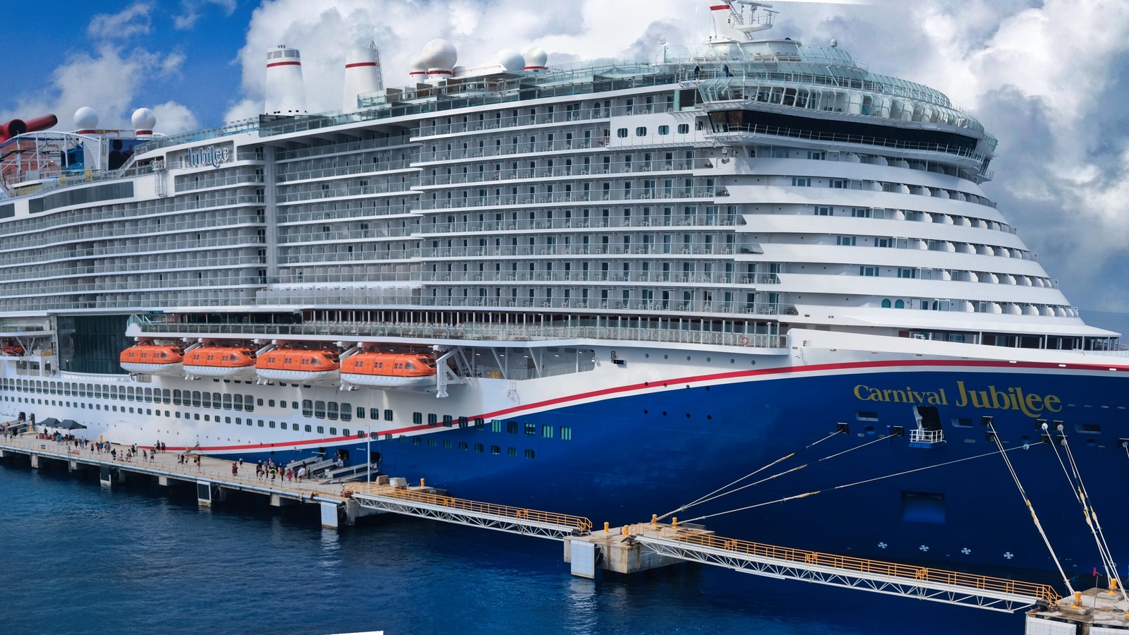Carnival Jubilee bow and balconies docked in Cozumel