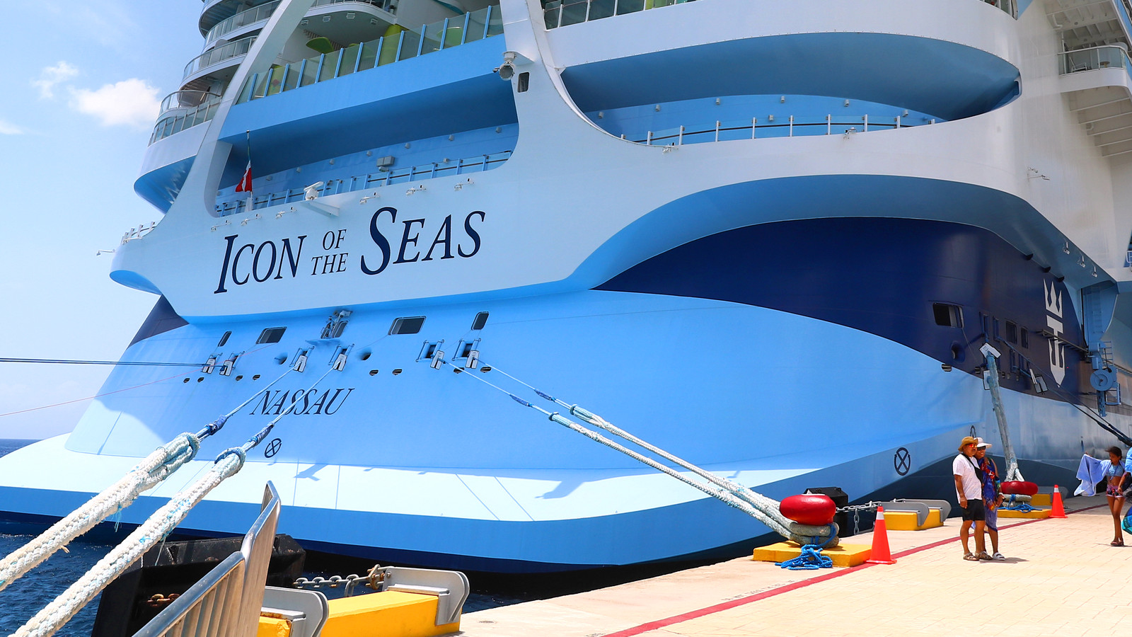 Icon of the Seas docked in Cozumel with its stern name visible