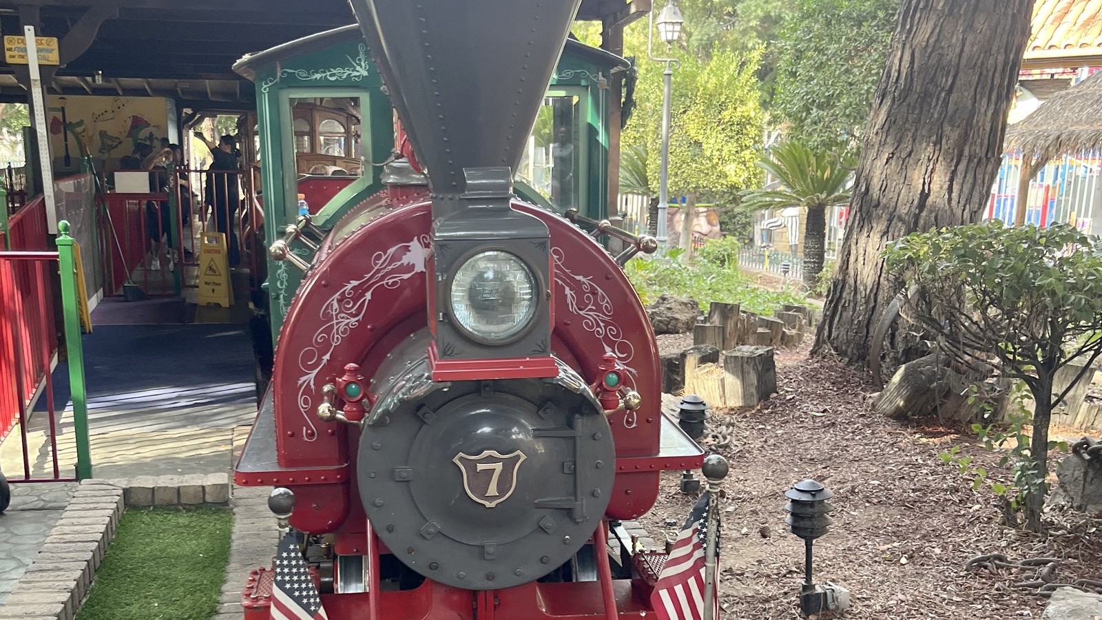 Castle Park Railroad locomotive at the station