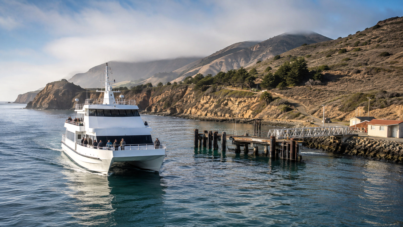 Illustrative passenger boat crossing blue water toward a rugged Channel Islands coast