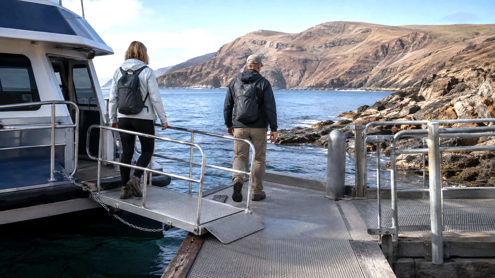 Illustrative travelers with day packs listening to crew instructions near an island landing