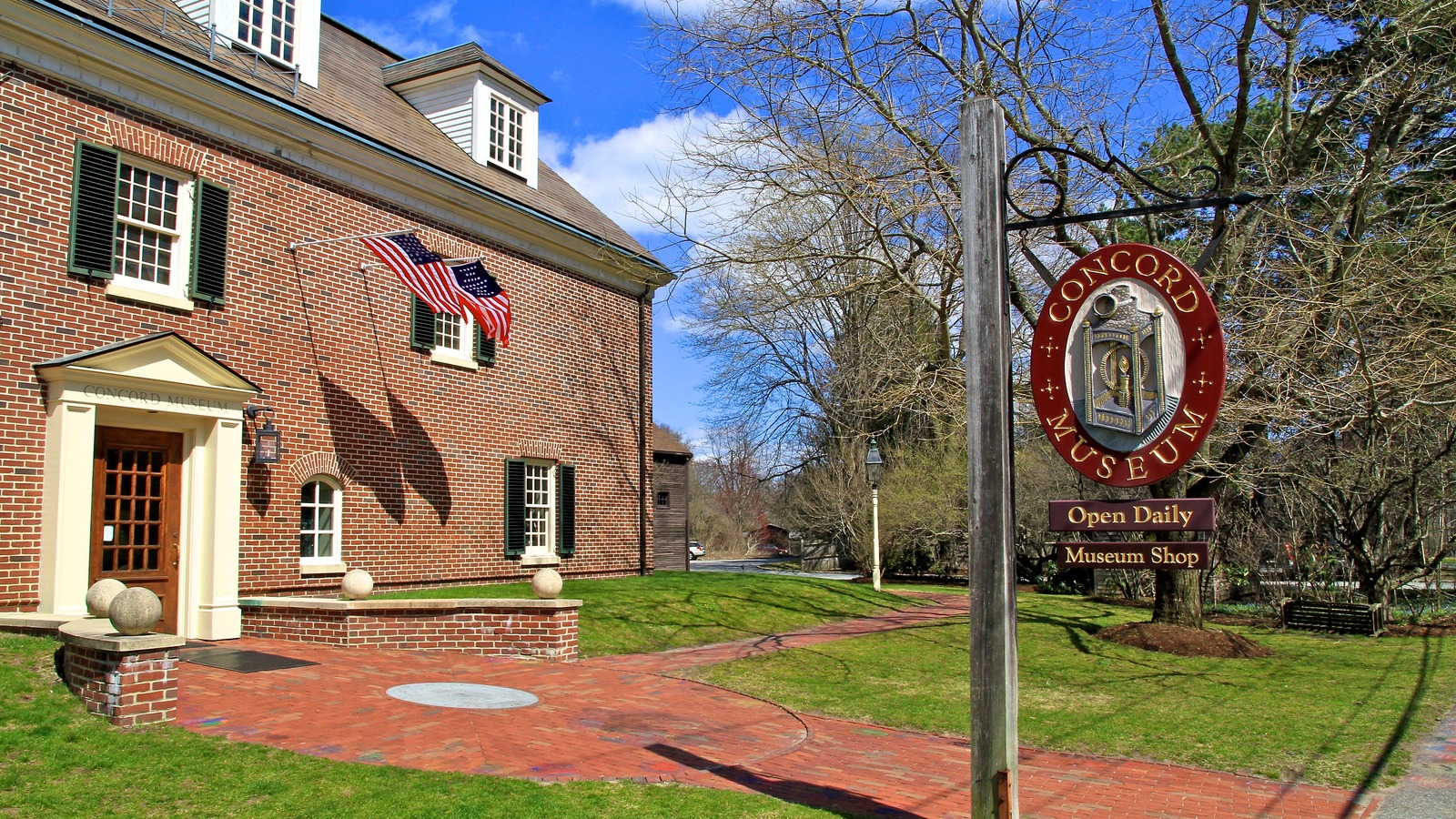 Concord Museum brick exterior and entrance in Concord, Massachusetts