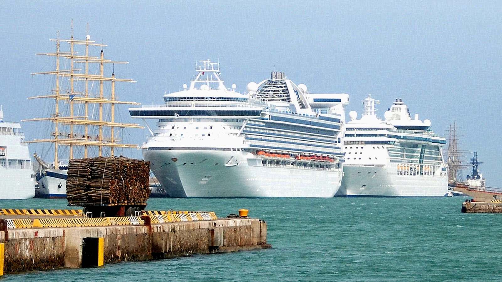 Cruise ships alongside the quay at the Port of Civitavecchia, the Rome cruise port in Italy