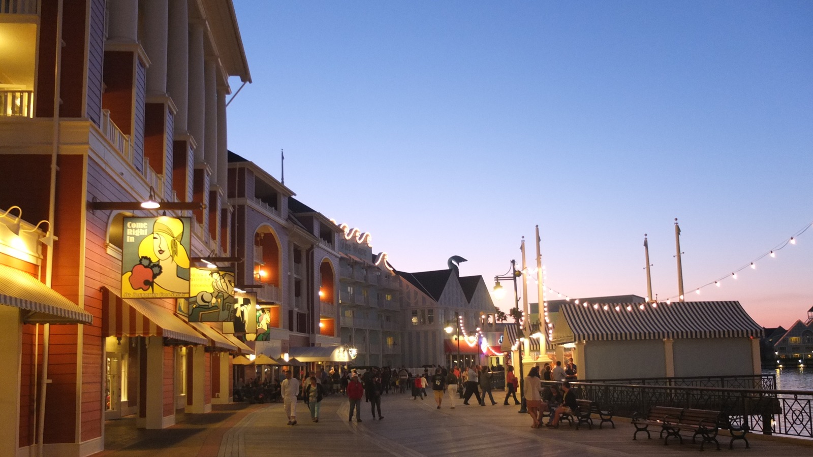 Evening view of the Disney's BoardWalk promenade at Walt Disney World