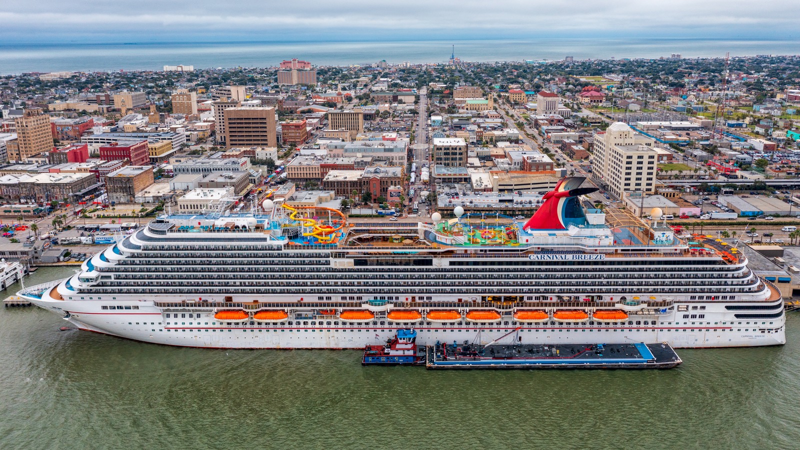 Aerial view of a Carnival cruise ship docked at the Port of Galveston, Texas