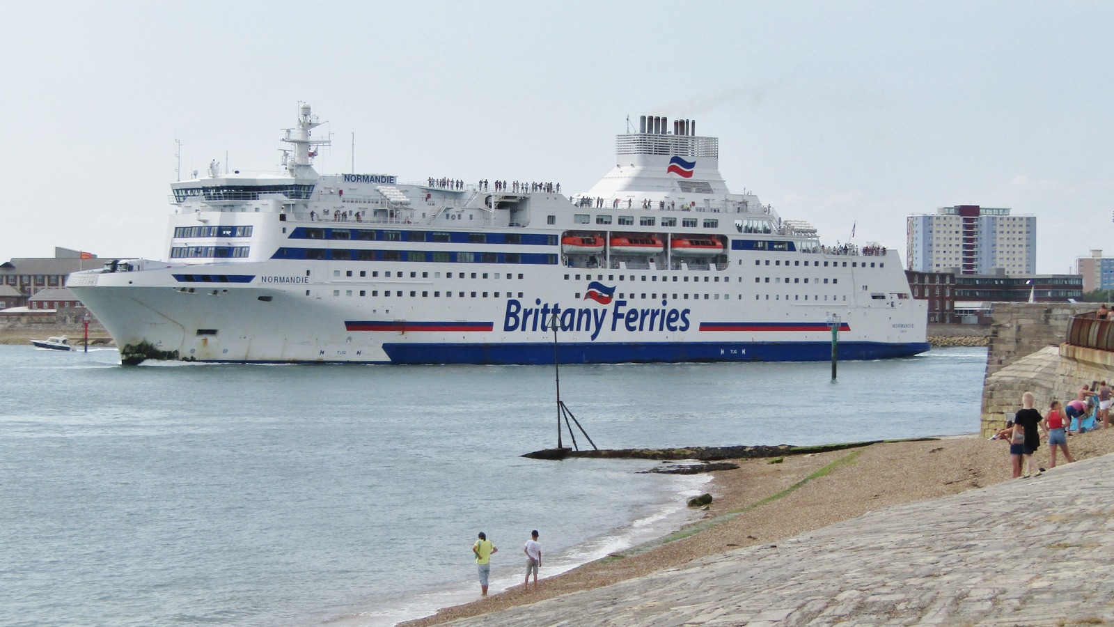 Brittany Ferries ship Normandie in Portsmouth Harbour, England, viewed from the shoreline