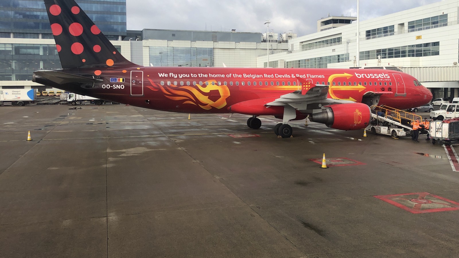 Brussels Airlines Airbus A320 OO-SNO in Red Devils livery parked at Brussels Airport