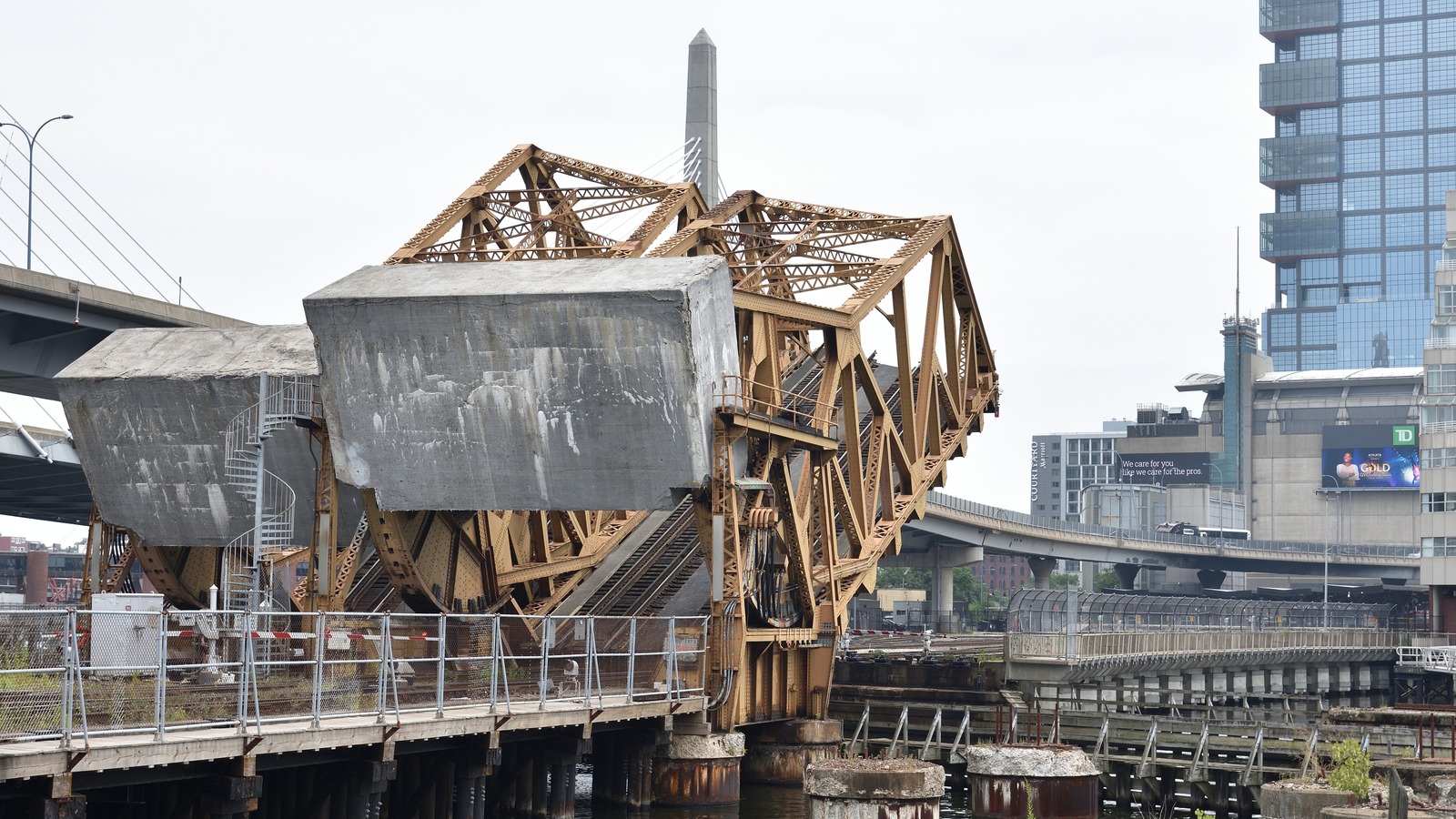 The existing North Station rail drawbridges raised over the Charles River in Boston, photographed in July 2024 before replacement