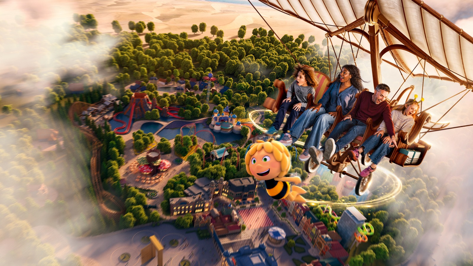 Official Plopsaland Flying Cinema rendering with Maya the Bee and riders above the park