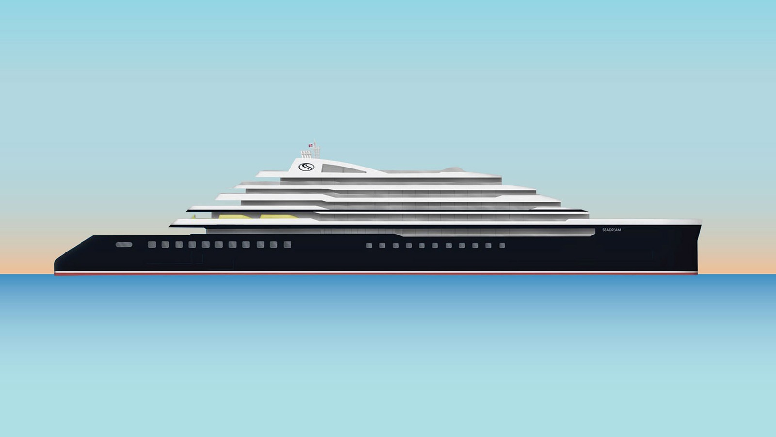 Side profile artist rendering of the SeaDream III yacht on open water, with SEADREAM lettering on the hull