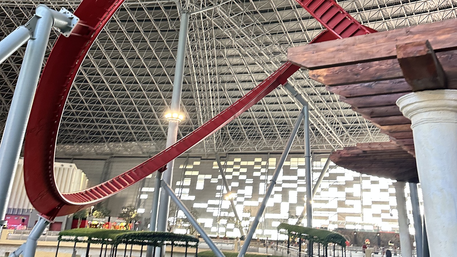 Indoor track and architecture at Ferrari World Abu Dhabi, photographed in March 2025