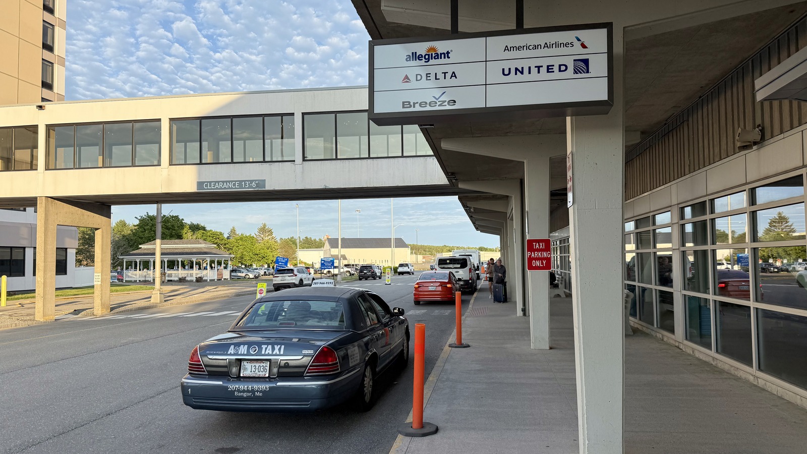 Bangor International Airport terminal curb photographed June 26, 2025, illustrating the airport rather than September runway works