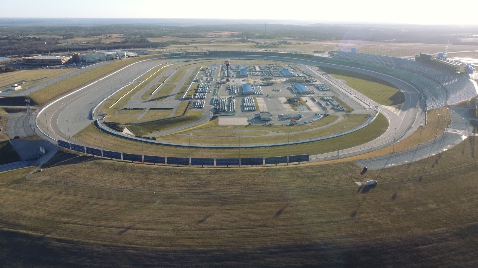 Aerial view of Kansas Speedway oval, grandstands, and infield in Kansas City, Kansas