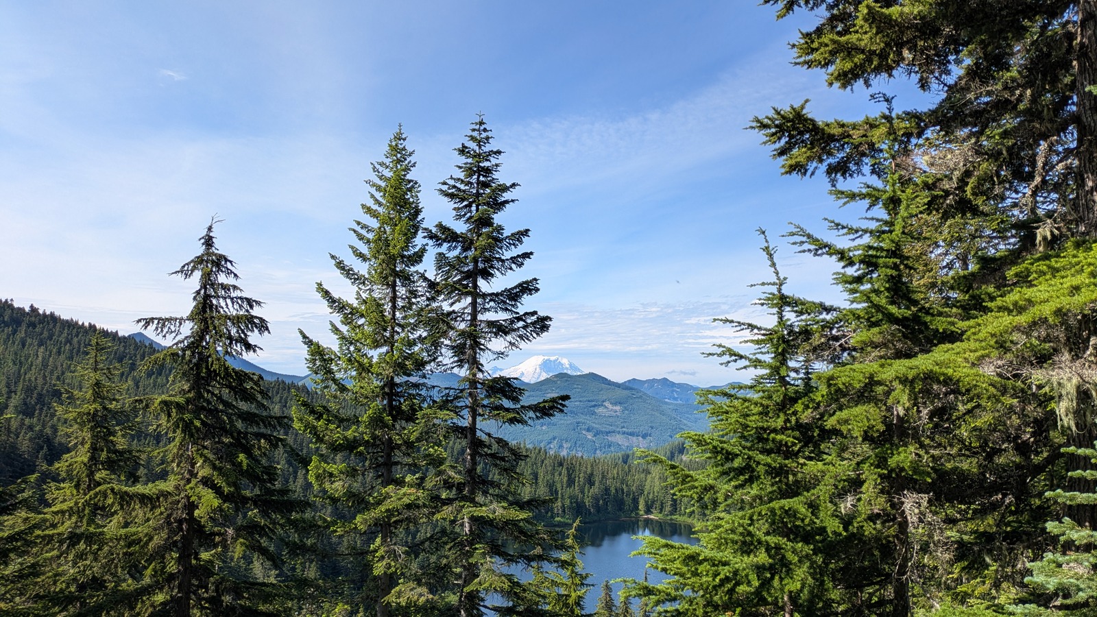 Talapus Lake seen through old growth conifers from the slope above, with forested Cascade ridges and the snow covered summit of Mount Rainier on the horizon