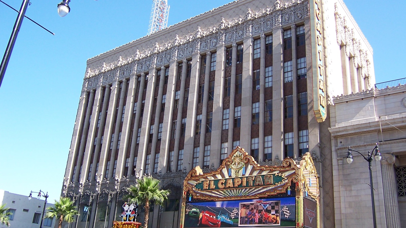 Daytime facade and El Capitan marquee of El Capitan Theatre on Hollywood Boulevard in Los Angeles