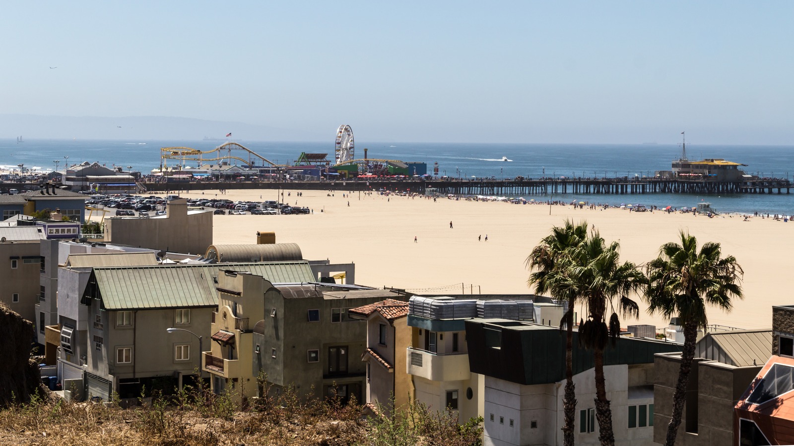 Santa Monica Beach, its pier and the Pacific Ocean along the Los Angeles County coast