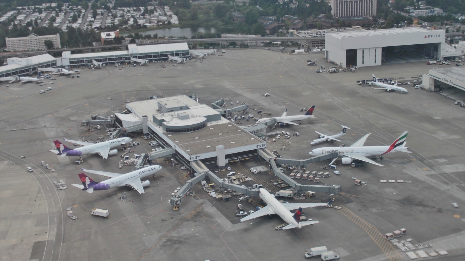 Aerial view of the South Satellite international terminal at Seattle-Tacoma International Airport