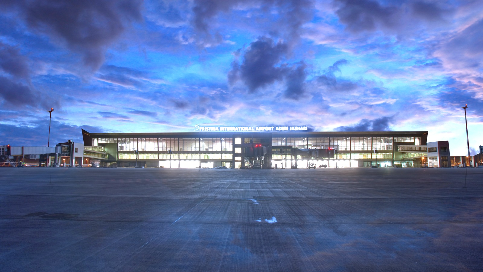 Exterior of Pristina International Airport Adem Jashari, the Kosovo origin for Wizz Air flights to Rome Fiumicino