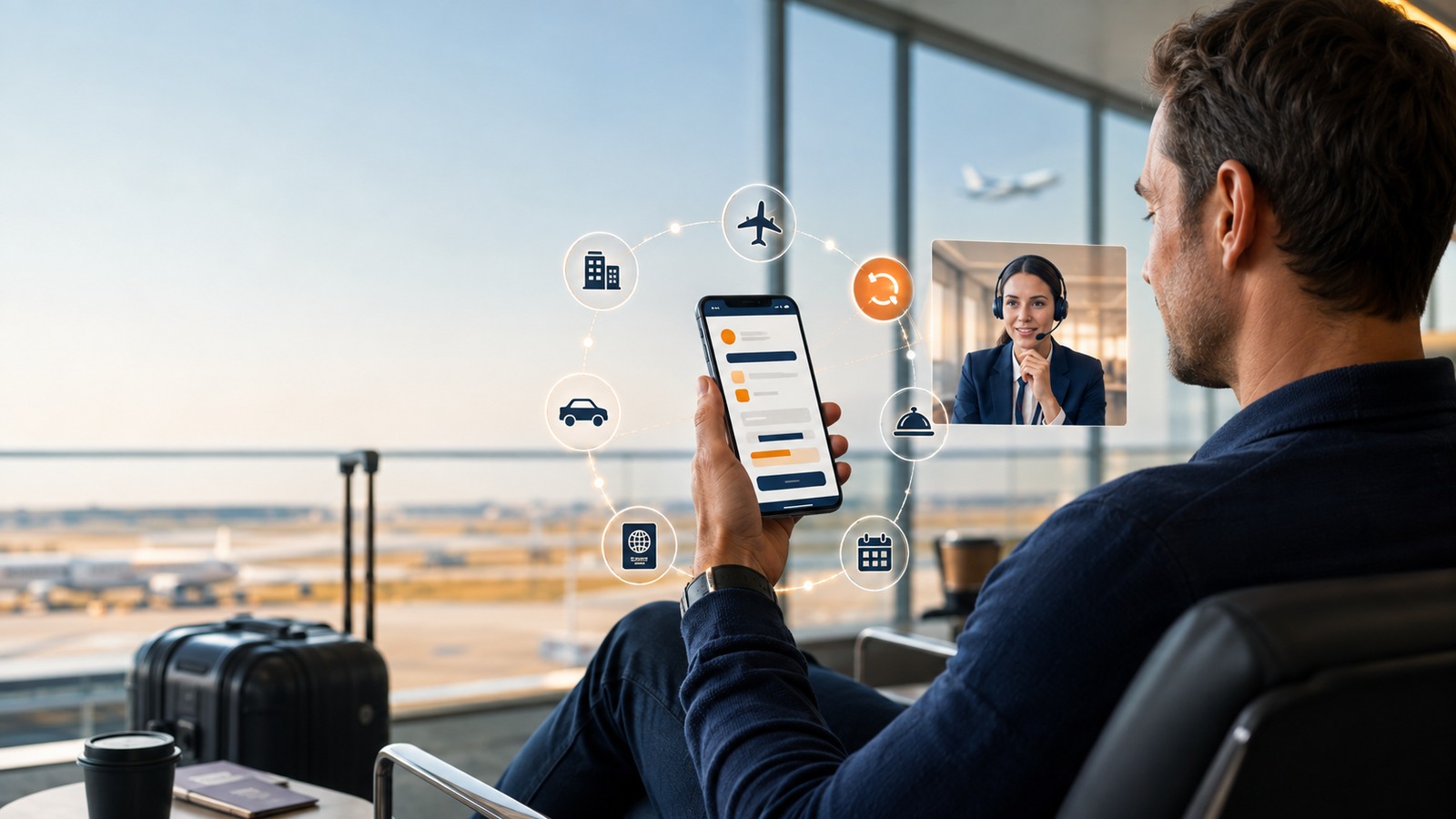 Original editorial illustration of a traveler using a digital concierge in an airport seating area