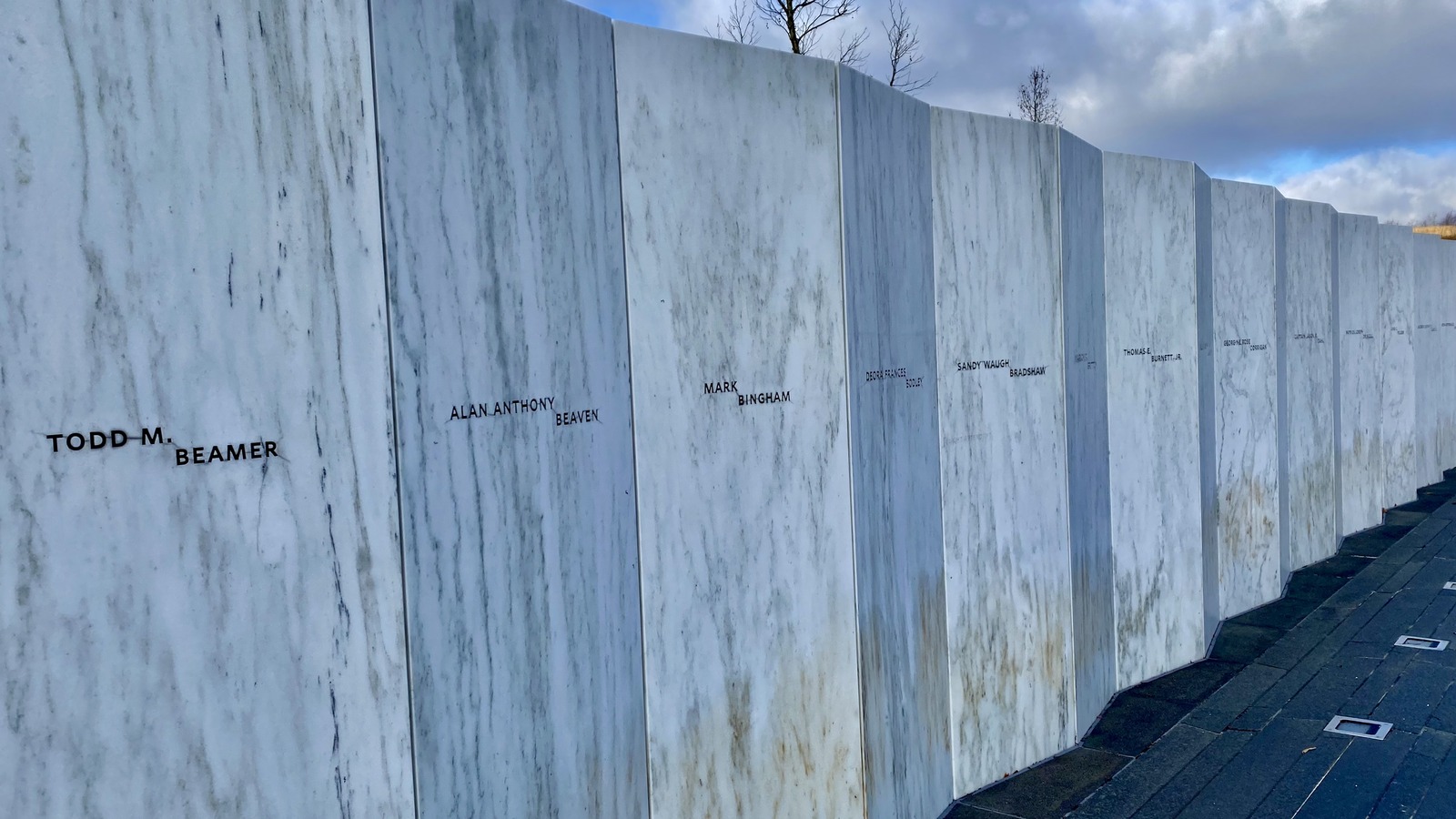 The marble Wall of Names at Flight 93 National Memorial, photographed in December 2021